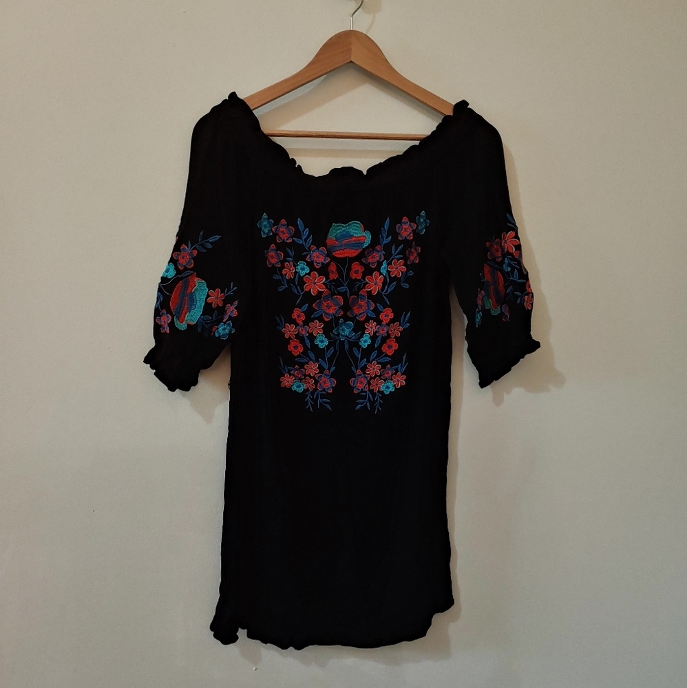 Embroidered off the shoulder mini dress